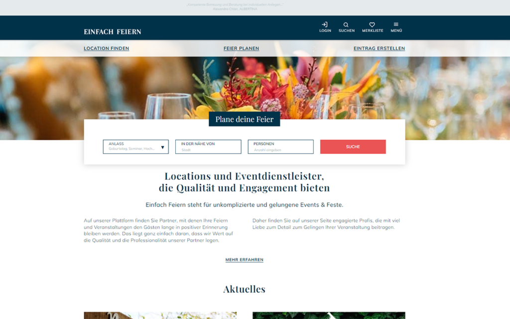 Einfach Feiern neues Web Design